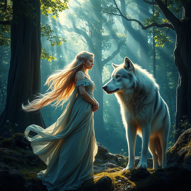 A mystical scene in a lush, enchanting forest where a fantasy-style woman with flowing, ethereal garments and flowing hair stands gracefully, gazing intently at a majestic wolf