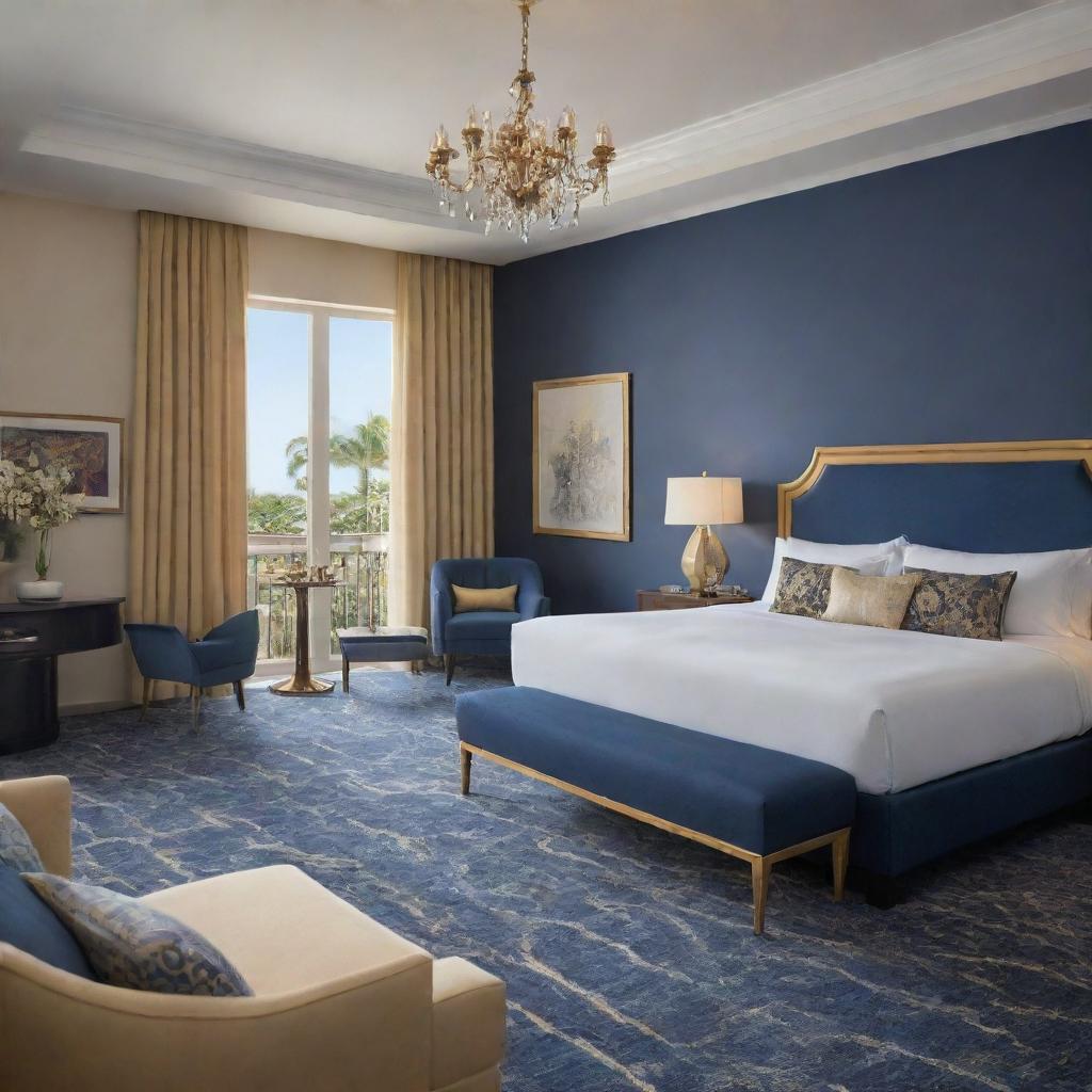 An elegantly designed junior suite at a resort showcasing a rich blend of navy blue and gold decor. Upscale furnishings and luxurious amenities emphasize the suite's high-end aesthetics.