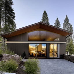 A modern mountain home exterior made from materials like wood and stone, characterized by a dominating glass front. Features a spacious living room with a fireplace, 3 bedrooms, 1.5 bathrooms, and a welcoming wooden deck.