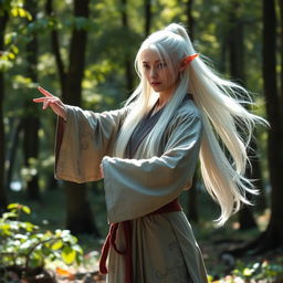 A serene white-haired female elf monk standing in a tranquil forest, adorned in traditional monk robes with intricate elven patterns