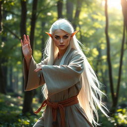 A serene white-haired female elf monk standing in a tranquil forest, adorned in traditional monk robes with intricate elven patterns