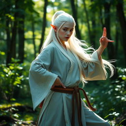 A serene white-haired female elf monk standing in a tranquil forest, adorned in traditional monk robes with intricate elven patterns