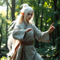 A serene white-haired female elf monk standing in a tranquil forest, adorned in traditional monk robes with intricate elven patterns