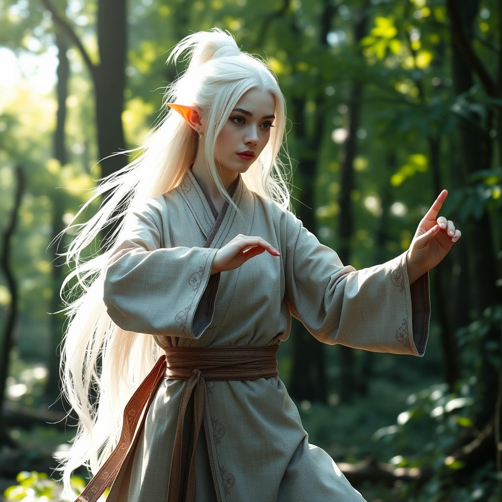 A serene white-haired female elf monk standing in a tranquil forest, adorned in traditional monk robes with intricate elven patterns