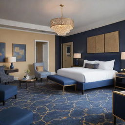 An elegantly designed junior suite at a resort showcasing a rich blend of navy blue and gold decor. Upscale furnishings and luxurious amenities emphasize the suite's high-end aesthetics.