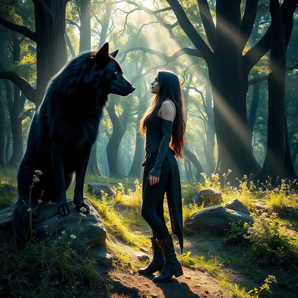 A mystical scene in a lush, enchanting forest where a fantasy-style woman with very long, dark hair wears a sleek black tunic and leggings paired with sturdy boots