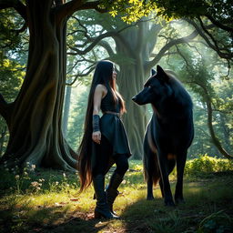 A mystical scene in a lush, enchanting forest where a fantasy-style woman with very long, dark hair wears a sleek black tunic and leggings paired with sturdy boots