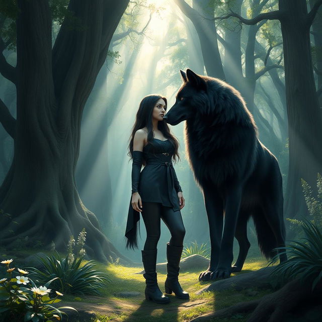 A mystical scene in a lush, enchanting forest where a fantasy-style woman with very long, dark hair wears a sleek black tunic and leggings paired with sturdy boots