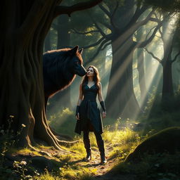 A mystical scene in a lush, enchanting forest where a fantasy-style woman with very long, dark hair wears a sleek black tunic and leggings paired with sturdy boots