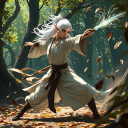 An intense battle scene featuring a white-haired female elf monk engaged in combat