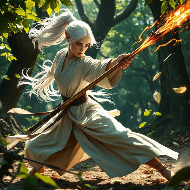 An intense battle scene featuring a white-haired female elf monk engaged in combat