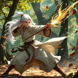 An intense battle scene featuring a white-haired female elf monk engaged in combat