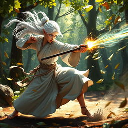 An intense battle scene featuring a white-haired female elf monk engaged in combat