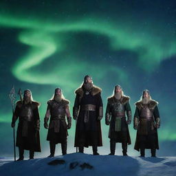 Vanir, the group of Norse gods known for their wisdom, fertility, and prosperity, standing majestically on the mystical clouds with a beautiful glow of nordic runes around them, under the mystical Northern lights.