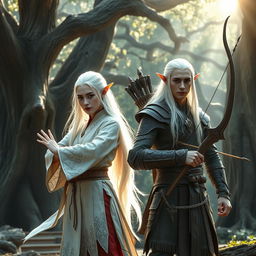 A captivating scene featuring a white-haired female elf monk and a white-haired male elf ranger standing side by side in a mystical forest