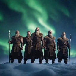 Vanir, the group of Norse gods known for their wisdom, fertility, and prosperity, standing majestically on the mystical clouds with a beautiful glow of nordic runes around them, under the mystical Northern lights.