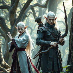 A captivating scene featuring a white-haired female elf monk and a white-haired male elf ranger standing side by side in a mystical forest