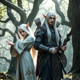 A captivating scene featuring a white-haired female elf monk and a white-haired male elf ranger standing side by side in a mystical forest