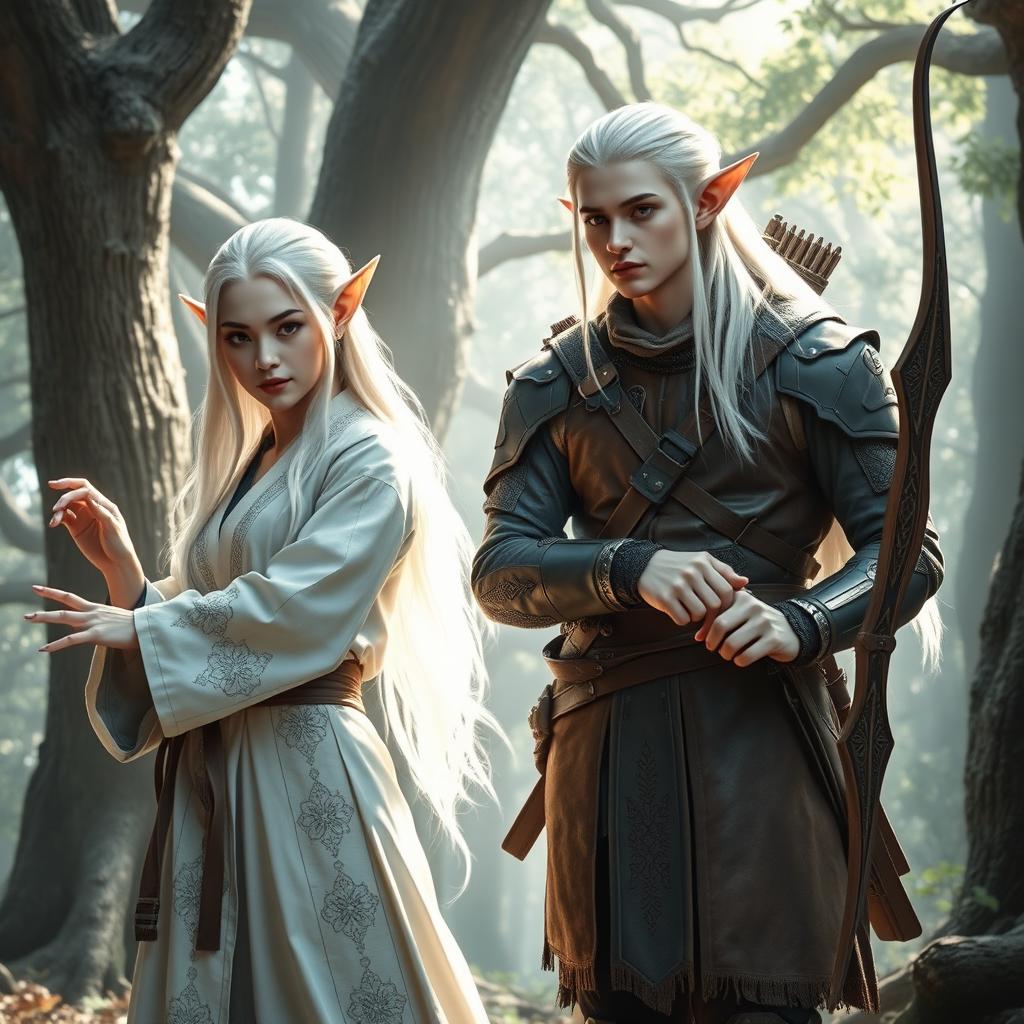 A captivating scene featuring a white-haired female elf monk and a white-haired male elf ranger standing side by side in a mystical forest