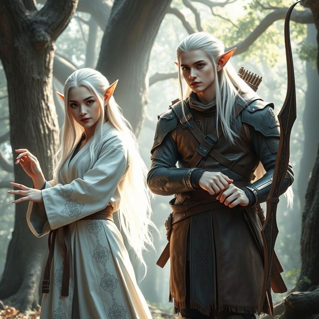 A captivating scene featuring a white-haired female elf monk and a white-haired male elf ranger standing side by side in a mystical forest