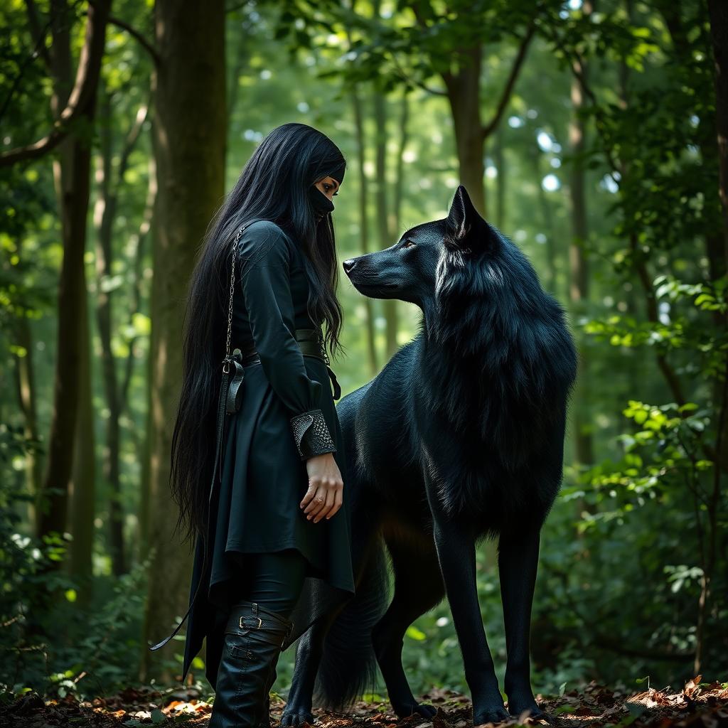 A mysterious fantasy woman wearing a black tunic and leggings, with leather boots, stands in a dense forest