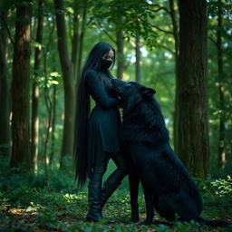 A mysterious fantasy woman wearing a black tunic and leggings, with leather boots, stands in a dense forest