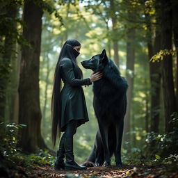 A mysterious fantasy woman wearing a black tunic and leggings, with leather boots, stands in a dense forest