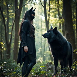 A mysterious fantasy woman wearing a black tunic and leggings, with leather boots, stands in a dense forest