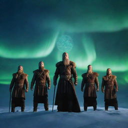 Vanir, the group of Norse gods known for their wisdom, fertility, and prosperity, standing majestically on the mystical clouds with a beautiful glow of nordic runes around them, under the mystical Northern lights.