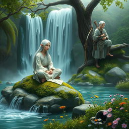 A tranquil scene depicting a white-haired female elf monk and a white-haired male elf ranger resting by a cascading waterfall