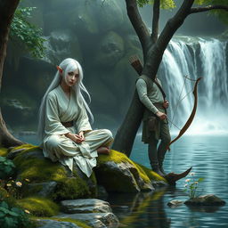 A tranquil scene depicting a white-haired female elf monk and a white-haired male elf ranger resting by a cascading waterfall