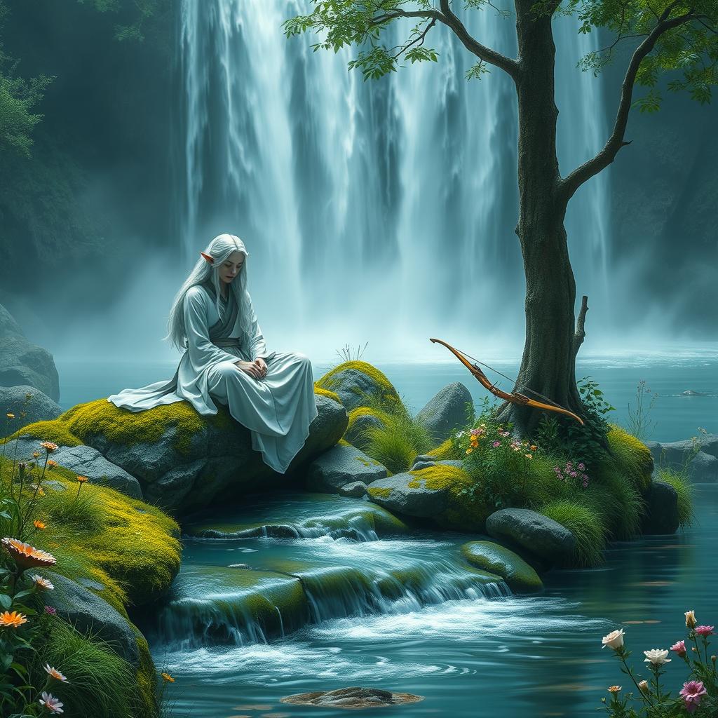 A tranquil scene depicting a white-haired female elf monk and a white-haired male elf ranger resting by a cascading waterfall