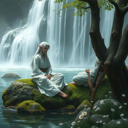 A tranquil scene depicting a white-haired female elf monk and a white-haired male elf ranger resting by a cascading waterfall