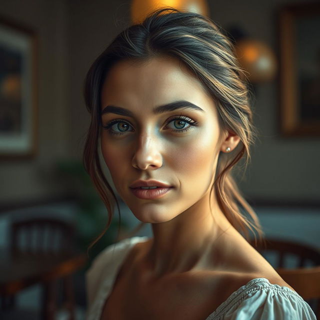 A 22-year-old woman in an indoor setting, the image creates an atmosphere of elegance and natural beauty