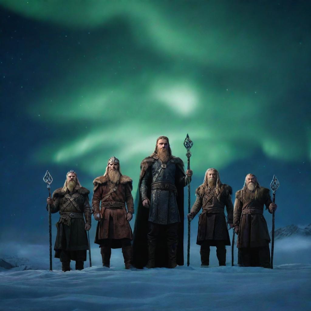 Vanir, the group of Norse gods known for their wisdom, fertility, and prosperity, standing majestically on the mystical clouds with a beautiful glow of nordic runes around them, under the mystical Northern lights.