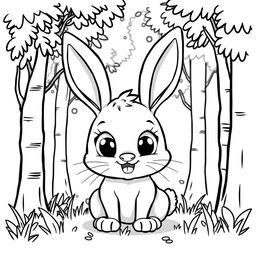 cute happy rabbit with big eyes in the forest, cartoon style, black and white drawing, basic lines with closed loops to ensure all lines are connected, white background, no gray shading