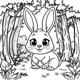 cute happy rabbit with big eyes in the forest, cartoon style, black and white drawing, basic lines with closed loops to ensure all lines are connected, white background, no gray shading