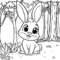 cute happy rabbit with big eyes in the forest, cartoon style, black and white drawing, basic lines with closed loops to ensure all lines are connected, white background, no gray shading