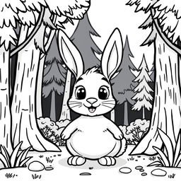 cute happy rabbit with big eyes in the forest, cartoon style, black and white drawing, basic lines with closed loops to ensure all lines are connected, white background, no gray shading