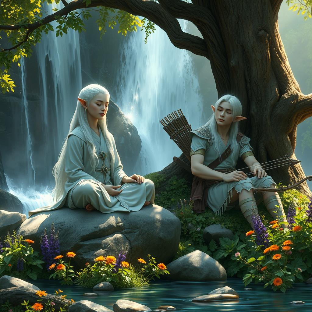 A serene image of a white-haired female elf monk and a white-haired male elf ranger resting peacefully beside a cascading waterfall