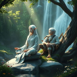 A serene image of a white-haired female elf monk and a white-haired male elf ranger resting peacefully beside a cascading waterfall