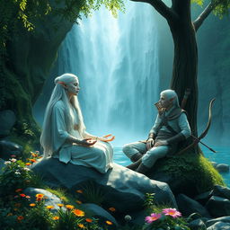 A serene image of a white-haired female elf monk and a white-haired male elf ranger resting peacefully beside a cascading waterfall