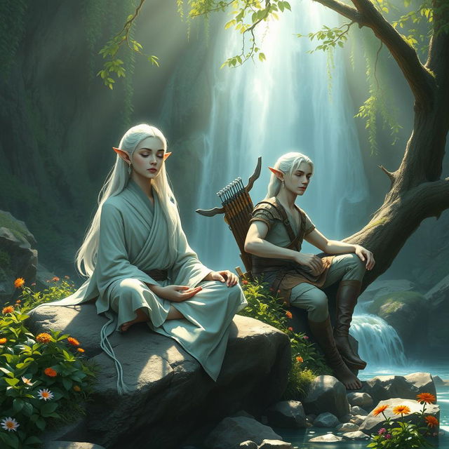 A serene image of a white-haired female elf monk and a white-haired male elf ranger resting peacefully beside a cascading waterfall