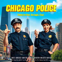 A movie poster for the comedy film titled 'Chicago Police', featuring two humorous and charismatic police officers as the main characters