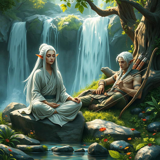 A realistic depiction of a white-haired female elf monk and a white-haired male elf ranger resting peacefully by a cascading waterfall