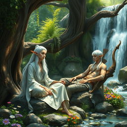 A realistic depiction of a white-haired female elf monk and a white-haired male elf ranger resting peacefully by a cascading waterfall