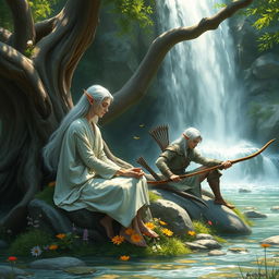 A realistic depiction of a white-haired female elf monk and a white-haired male elf ranger resting peacefully by a cascading waterfall