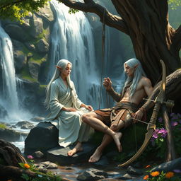 A realistic depiction of a white-haired female elf monk and a white-haired male elf ranger resting peacefully by a cascading waterfall