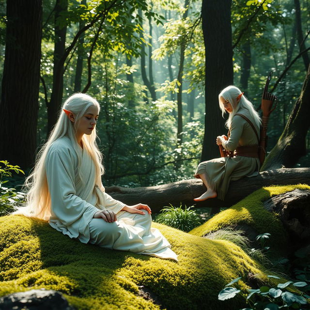 In a tranquil forest setting, a white-haired female elf monk and a white-haired male elf ranger are seen resting