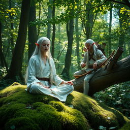 In a tranquil forest setting, a white-haired female elf monk and a white-haired male elf ranger are seen resting